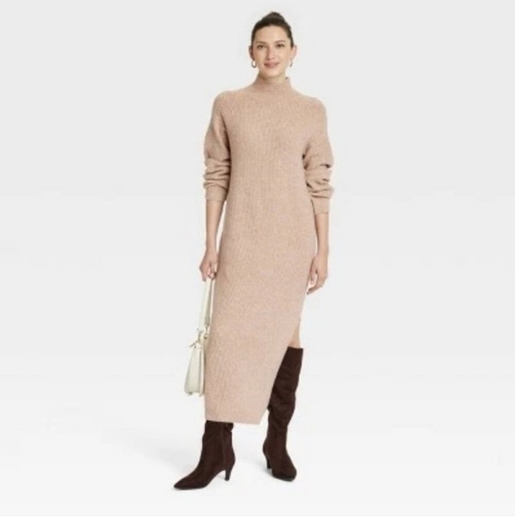 Women's Long Sleeve Midi Sweater Dress - Universal Thread Tan L - Picture 1 of 15